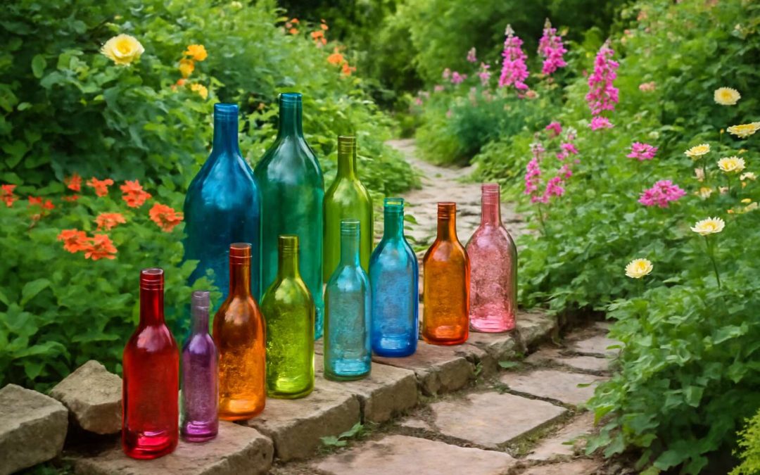 glass bottles in garden