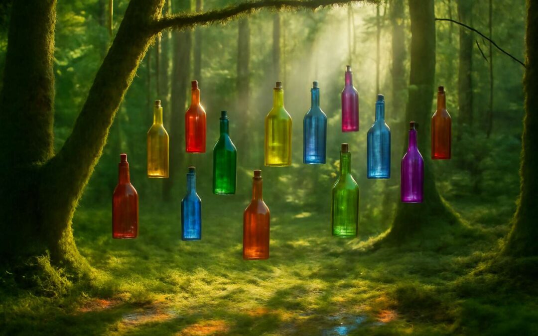 glass bottles hanging from trees